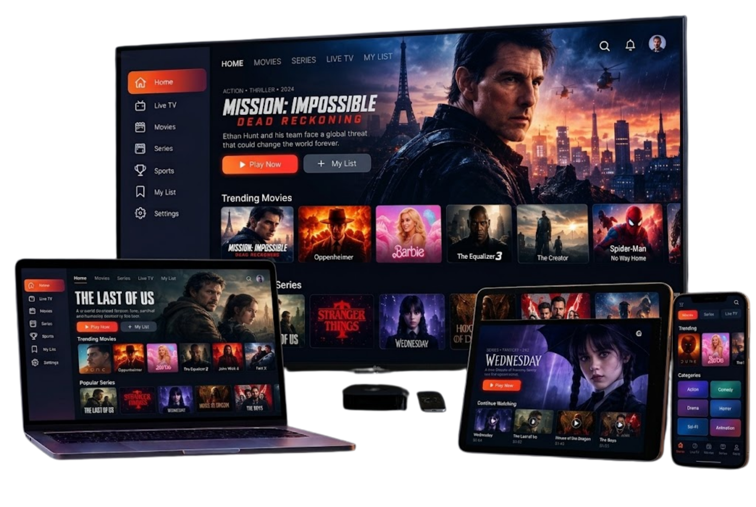 Multi-screen IPTV: PortalTivi playing on a TV, a tablet and a smartphone at the same time
